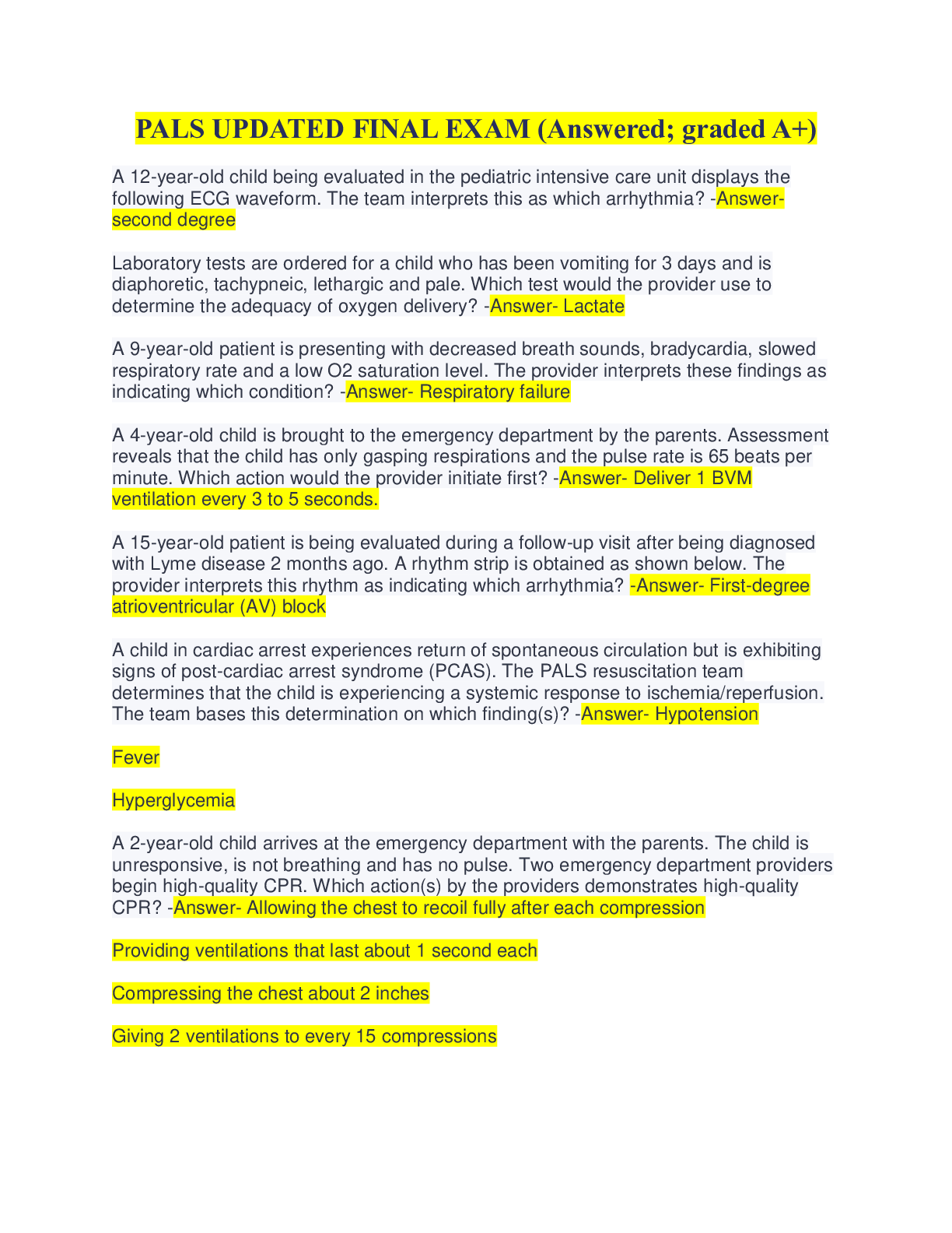 Preview image for PALS FINAL EXAM | Contains 55 Questions and Answers.